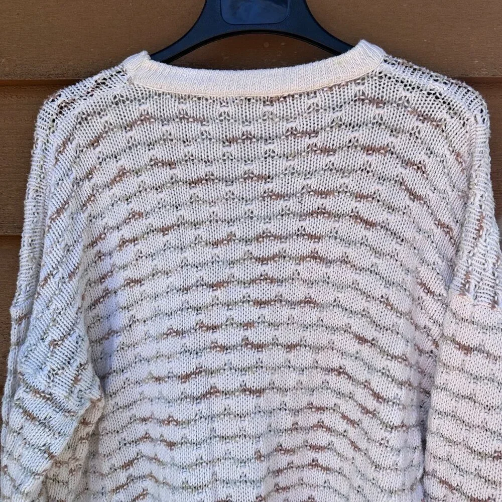 Vintage Oversized Knit Cream Sweater With Brown Pattern Long Sleeves Crewneck Li - Picture 5 of 6